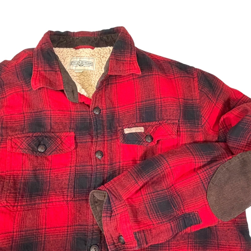 Field & Stream XL Red Plaid Sherpa Lined Shirt Jacket Corduroy Elbow Patches